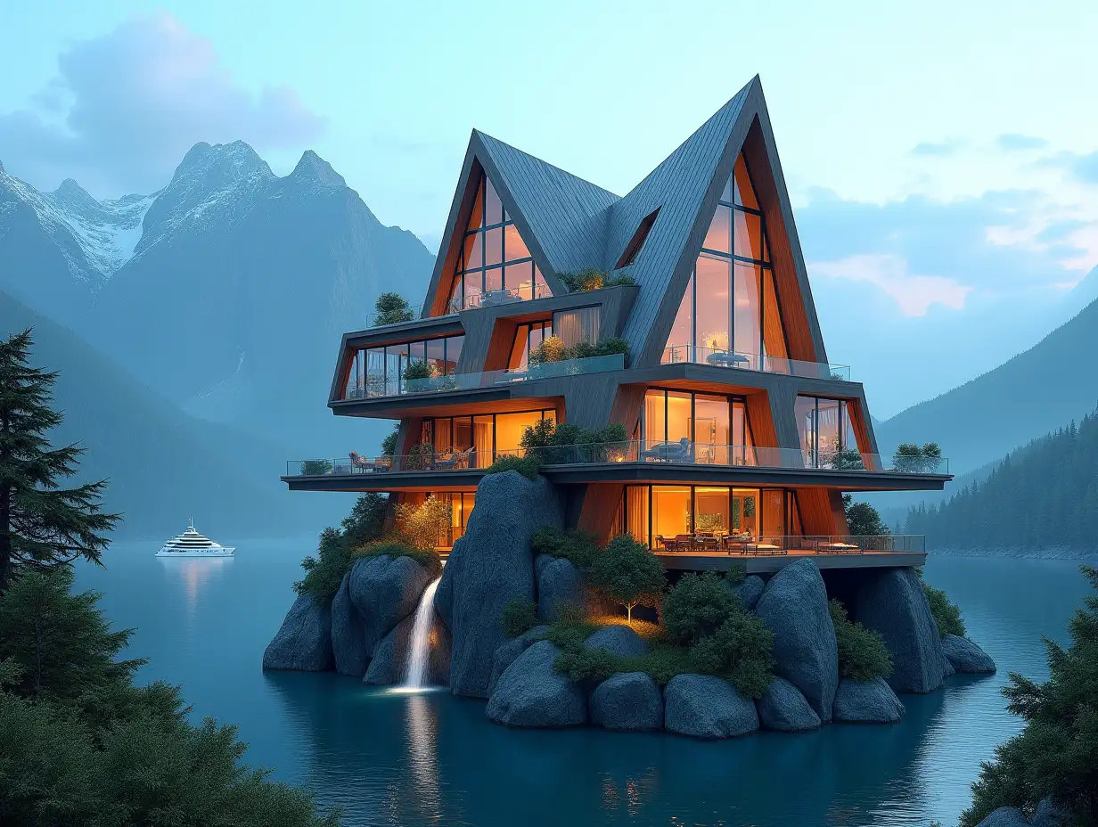 A futuristic multi-story house of many lit glass triangular and wood is on the mountain peak,many plants waterfall,trees, blue sky, bright environment, mountains,clear water and a yacht in the background, colorful 8k quality