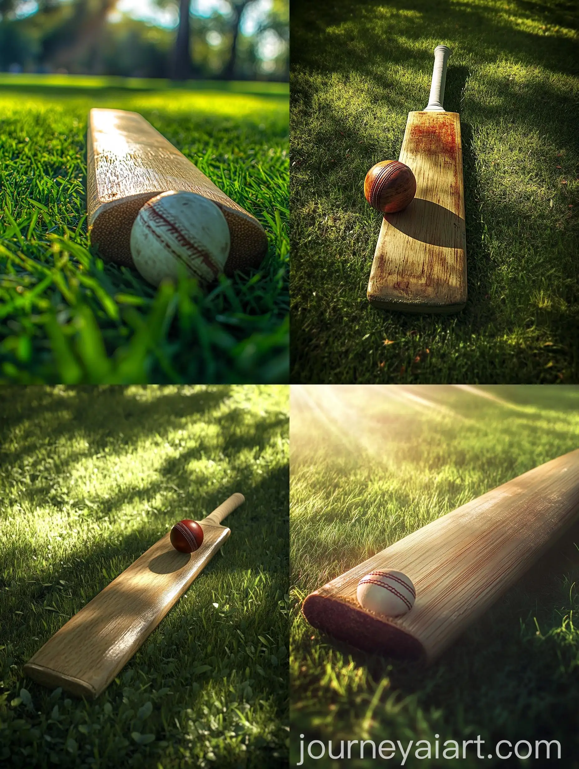 Cricket-Bat-and-Ball-on-Green-Field