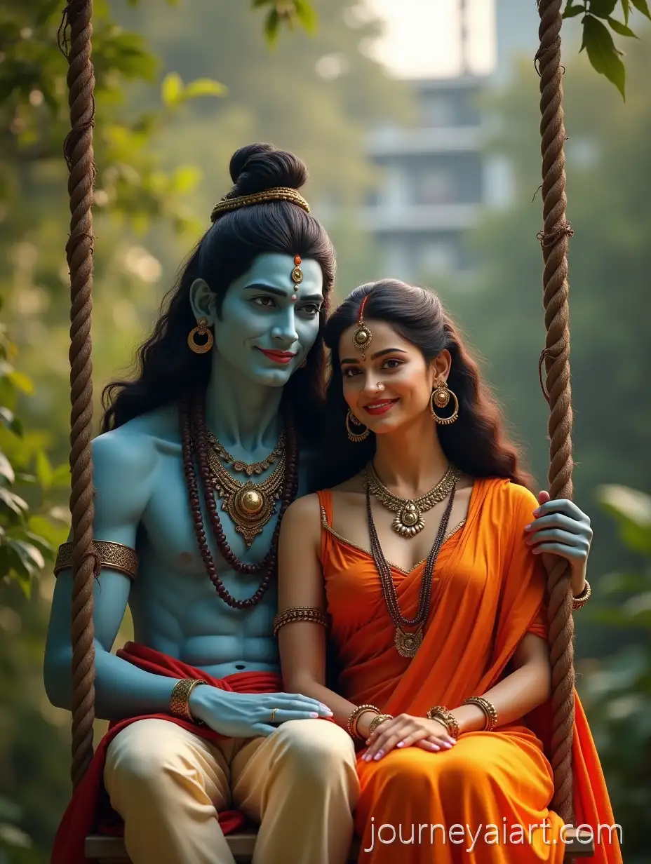 Lord-Shankar-and-ParvatiLord-Shankar-and-Goddess-Parvati-on-Garden-Swing-with-Divine-Aura