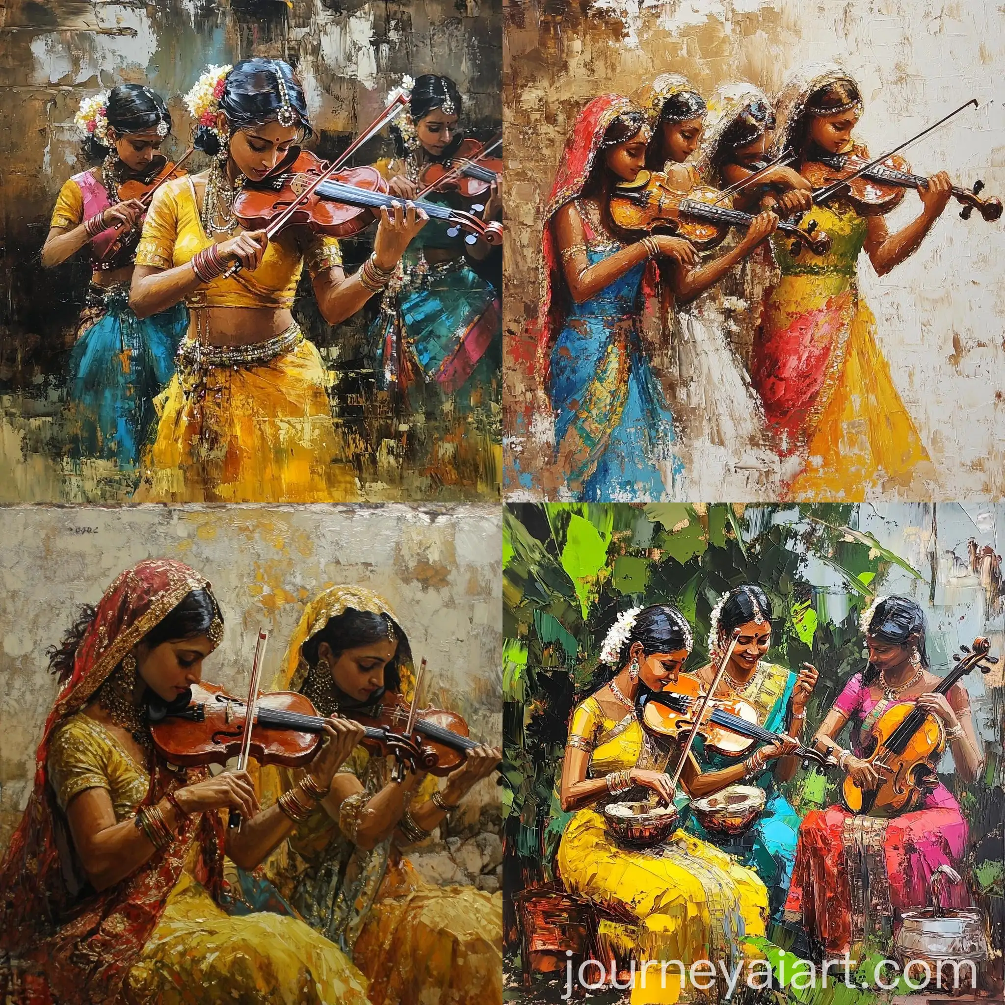Indian-Women-Playing-Violin-Knife-Oil-Painting