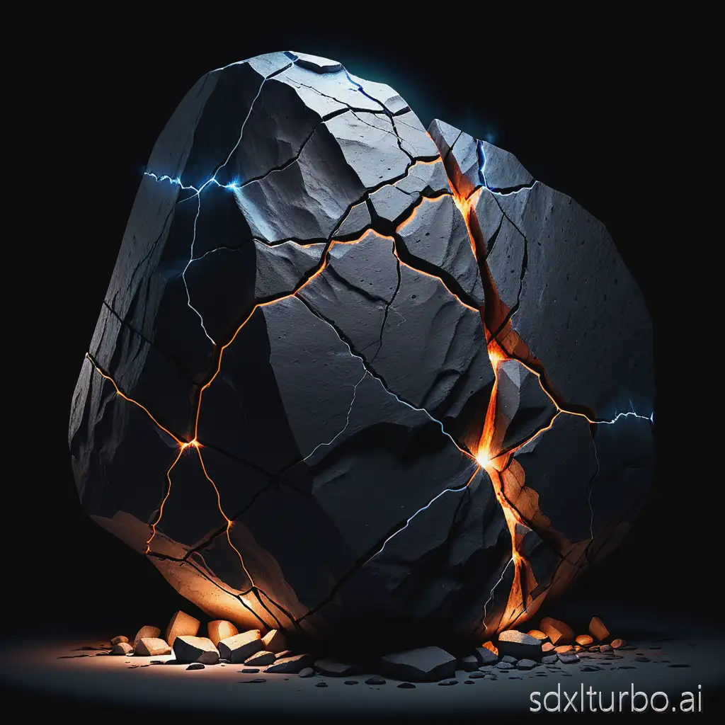 A large dark rock that has cracks in it with glowing lights coming out | white background