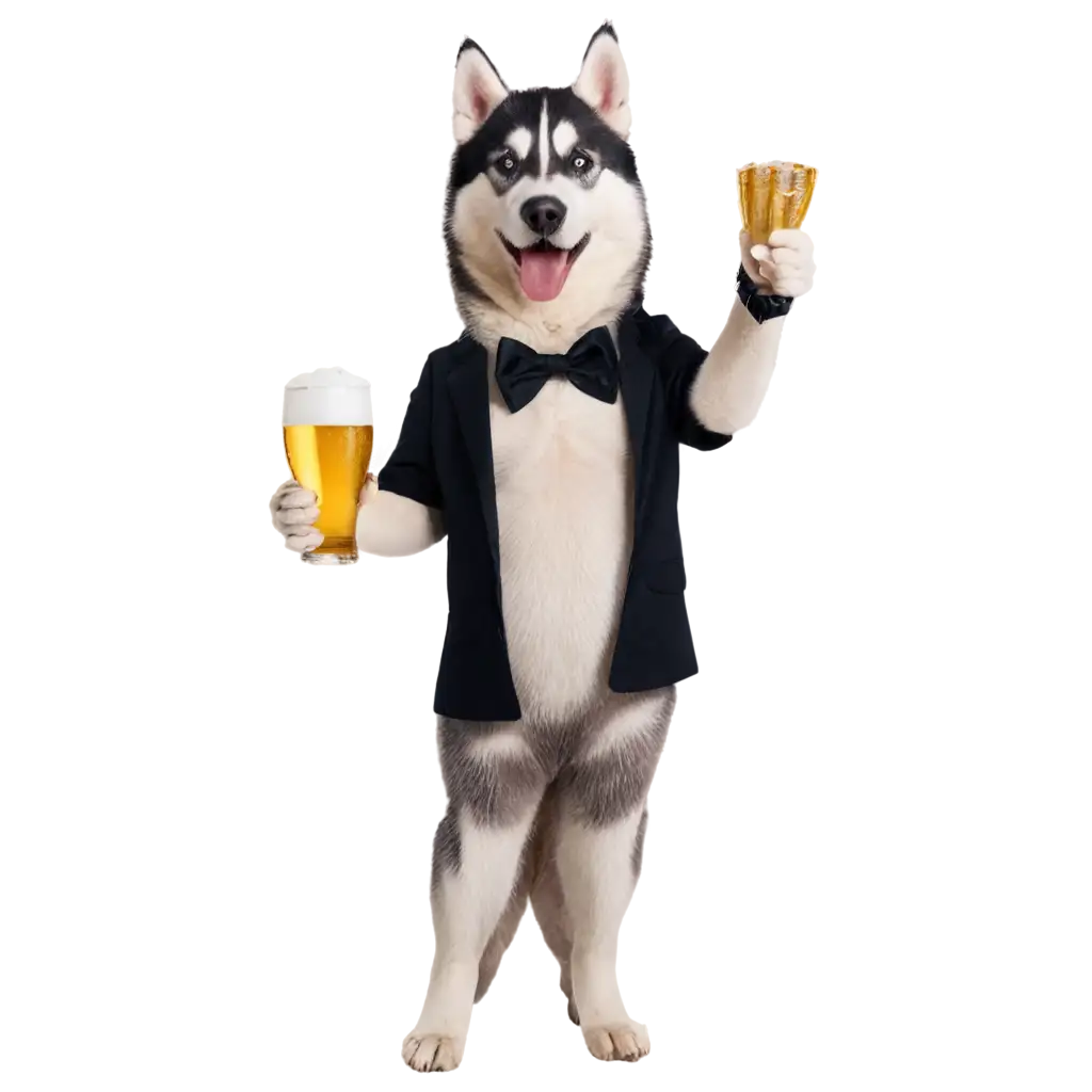 Husky greeting Happy birthday toasting a beer.