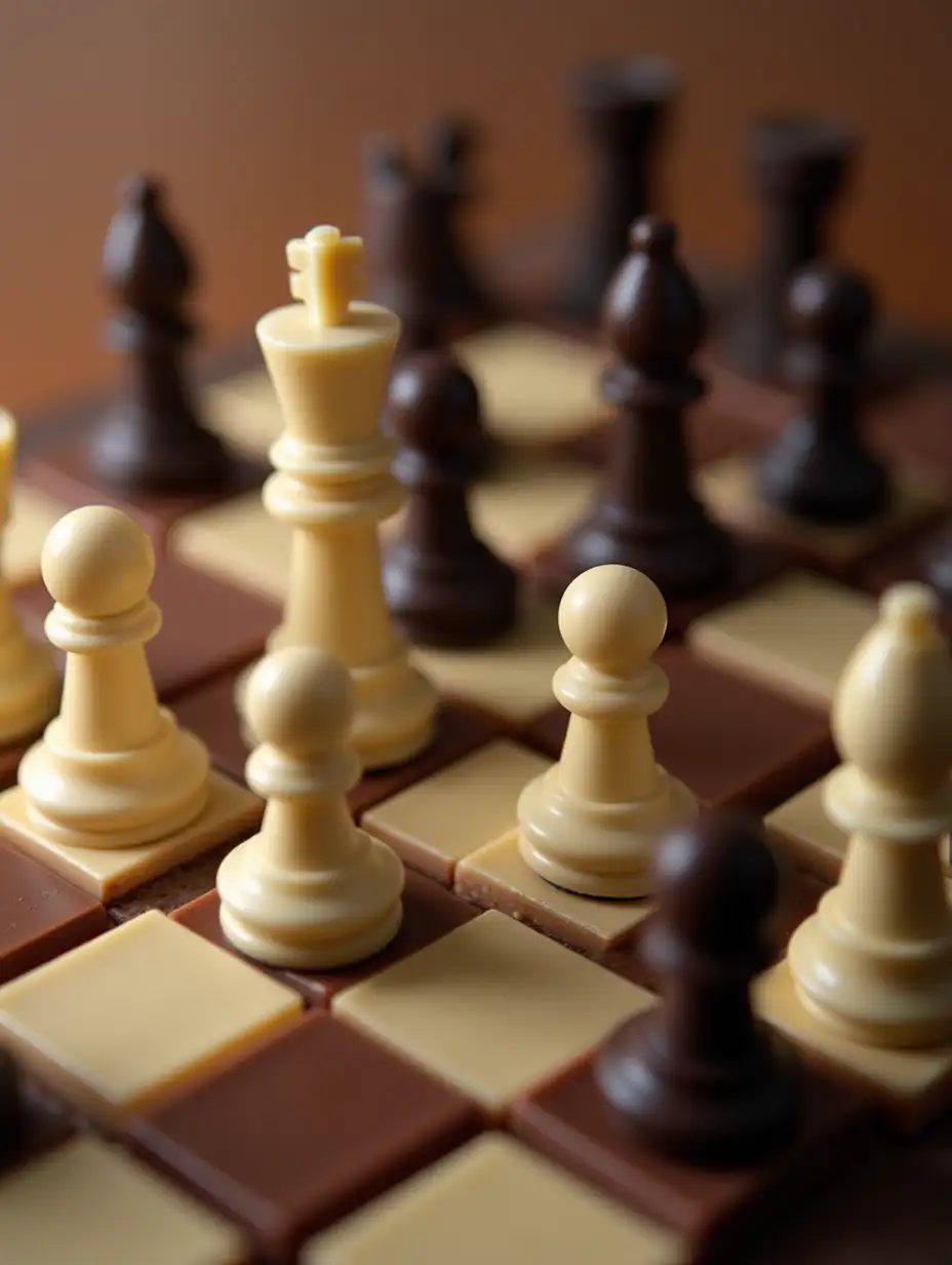 Chessboard-Designed-Like-Chocolate-Bar-with-Played-Game-Pieces