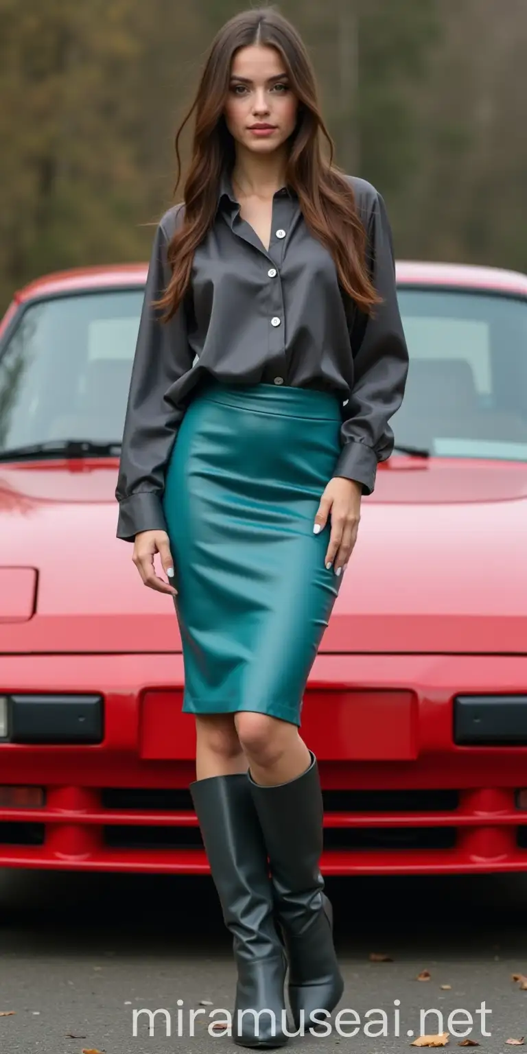 Fashionable Young Woman Posing by a Vintage Porsche 944 Turbo