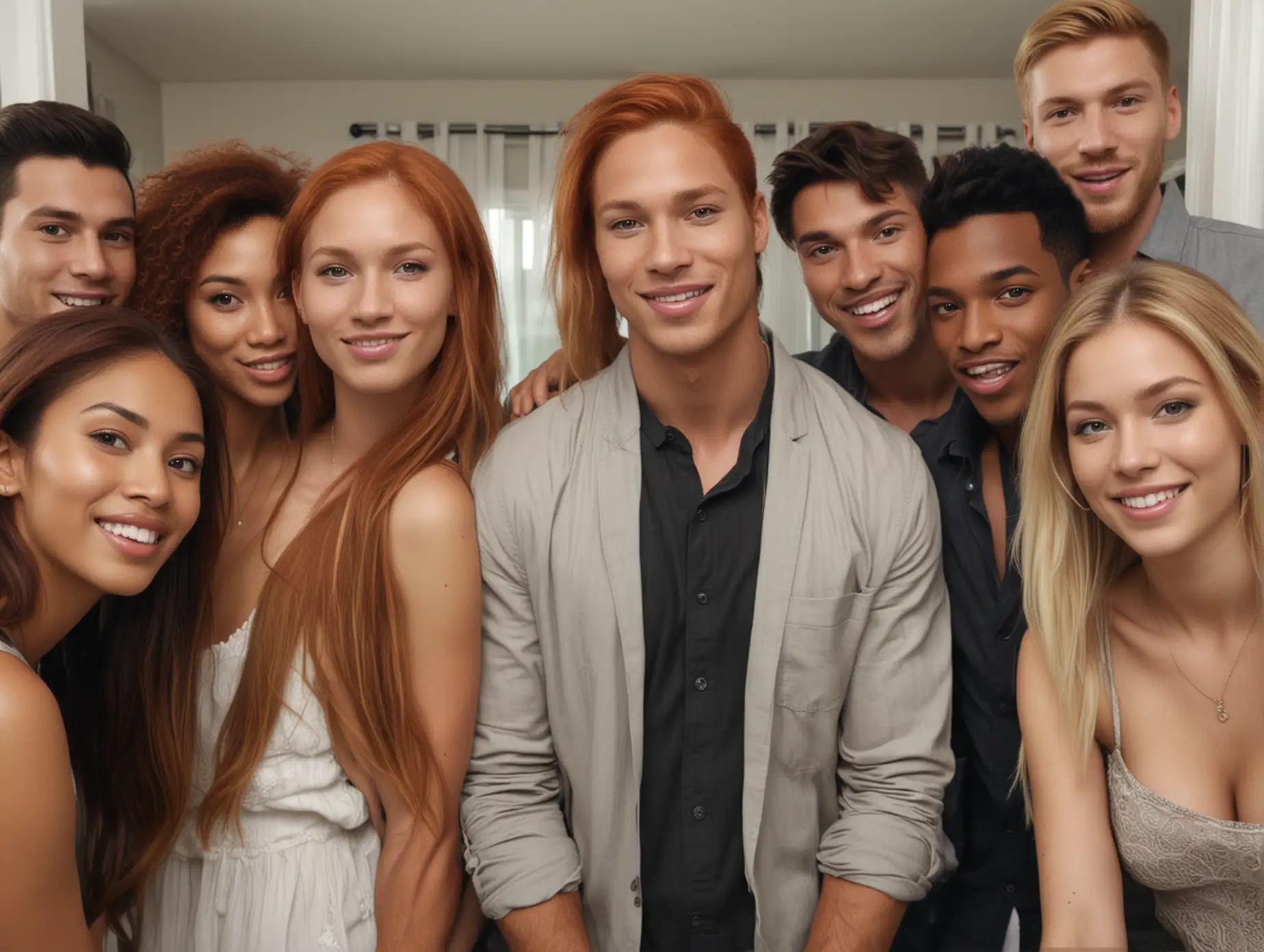 a mixed race group  of Asian Hispanic African Caucasian red hair brown hair black hair blonde hair  and mixed variated features male man and woman  and female gender group of people ultra realistic HD at a house party