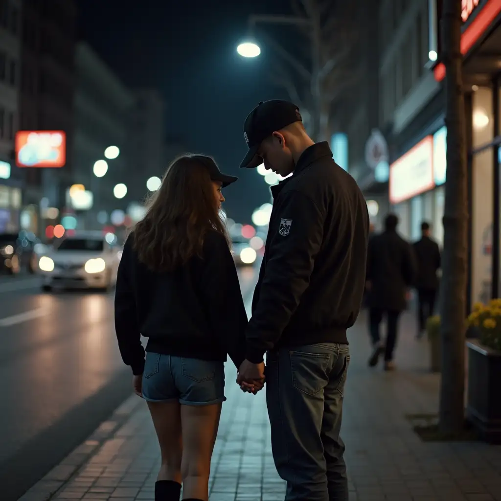 night city. A girl and a guy are standing on the sidewalk holding hands. They lowered their heads, their faces were hidden. The guy is wearing a black baseball cap, jacket and jeans. The girl is wearing a black baseball cap, jacket and shorts. cars rush by in the foreground, people pass by, everything is blurred in motion except for a guy and a girl. dynamics. pale colors. realism. side camera. Everything is blurred into motion except for the guy and the girl