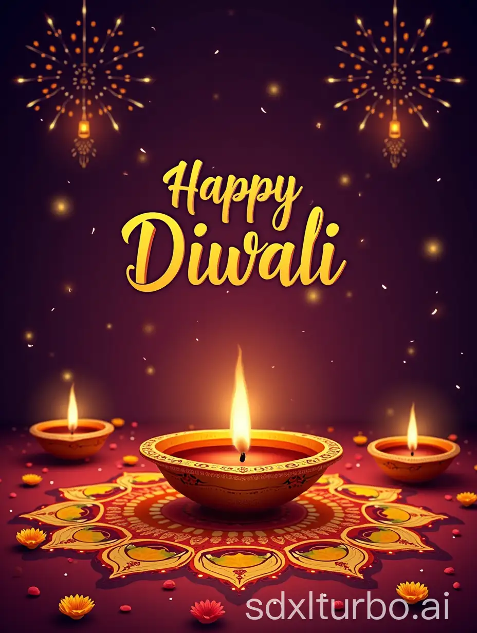 Create a vibrant PSD background design for Diwali festival celebration featuring traditional Indian elements: ornate golden diyas (oil lamps) with flickering flames, intricate rangoli patterns in bright colors, scattered marigold flowers, and glowing paper lanterns. Include decorative stylish cursive  text saying 'Happy Diwali' with a modern typography twist, surrounded by delicate henna patterns and sparkles from lit fireworks in the night sky. The composition should have warm, rich colors like deep reds, oranges, and golds, with a subtle gradient background that transitions from deep purple to midnight blue.