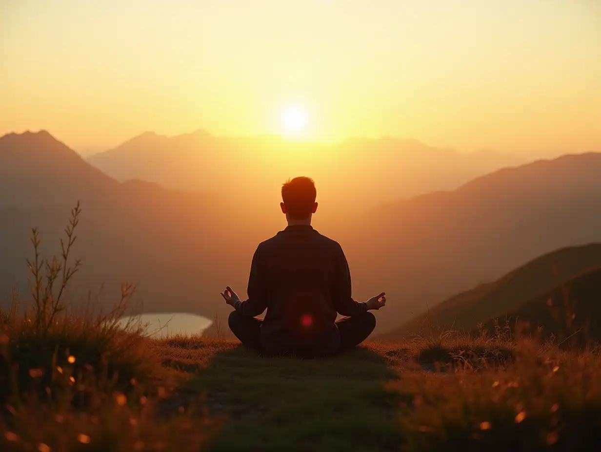 A serene scene of a person meditating cross-legged on a grassy hilltop at sunrise, surrounded by soft golden light, with mountains in the distance and a calm, peaceful atmosphere.