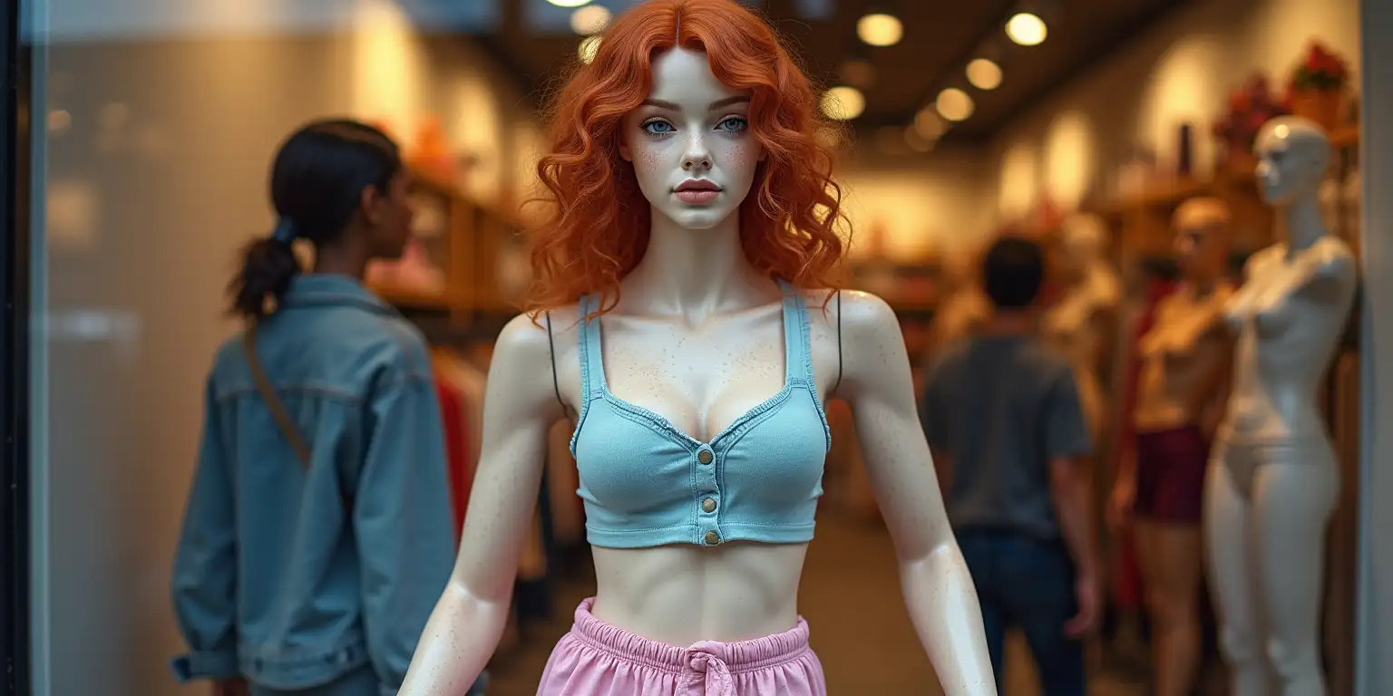 line art comic book drawing in the style of Frank Frazetta, window display in a clothes store, a life sized armless mannequin torso resembling an adolescent attractive young freckled ginger woman, propped up on a display, armless bust, pink panties, blue and white tank top, tight natural cleavage, very curly ginger hair, soft facial features, grey eyes, puffy cheeks, prominent nose, no arms, pale skin, lots of freckles, wry smile, closed eyes, bokeh other dark skinned mannequin torsos with diverse faces in a window display, storefront exterior, realistic proportions, photographic detail. background teenagers buying clothes inside the store