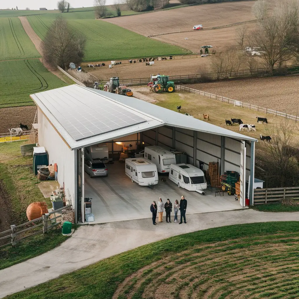 Agricultural Hangar with Caravans Tools and Farming Scene