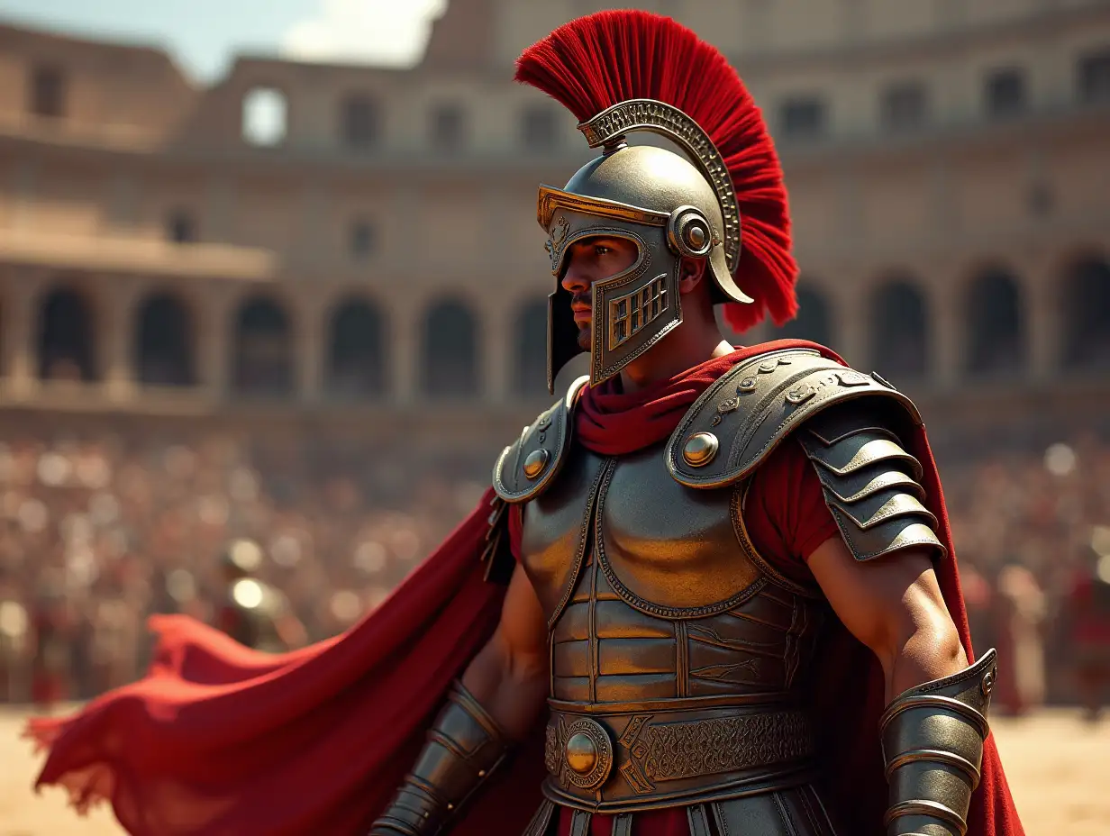 Creating a digital painting of a powerful, robust Roman fighter in the Colosseum (Amphitheatrum Flavium) with intricate armor painting and photorealistic attention to detail in parts and lighting.