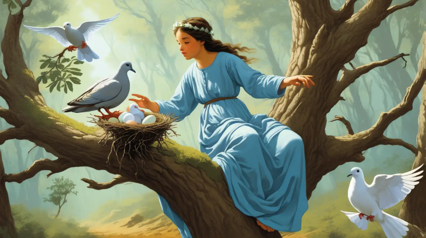 Young Hebrew Girl Gathering Dove Eggs in Biblical Forest Scene