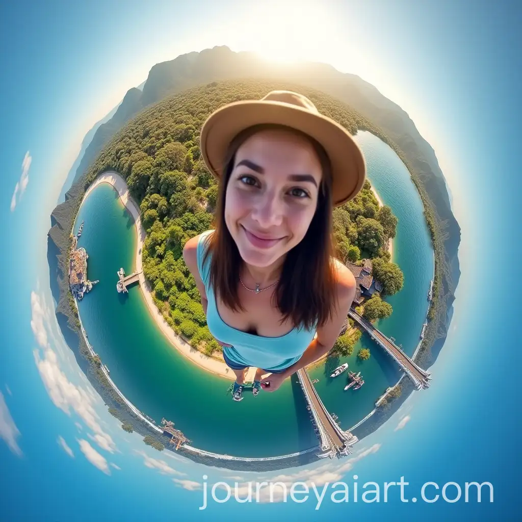 Backpacker-Smiling-in-Tiny-Planet-Effect-with-Thai-and-Australian-Landmarks