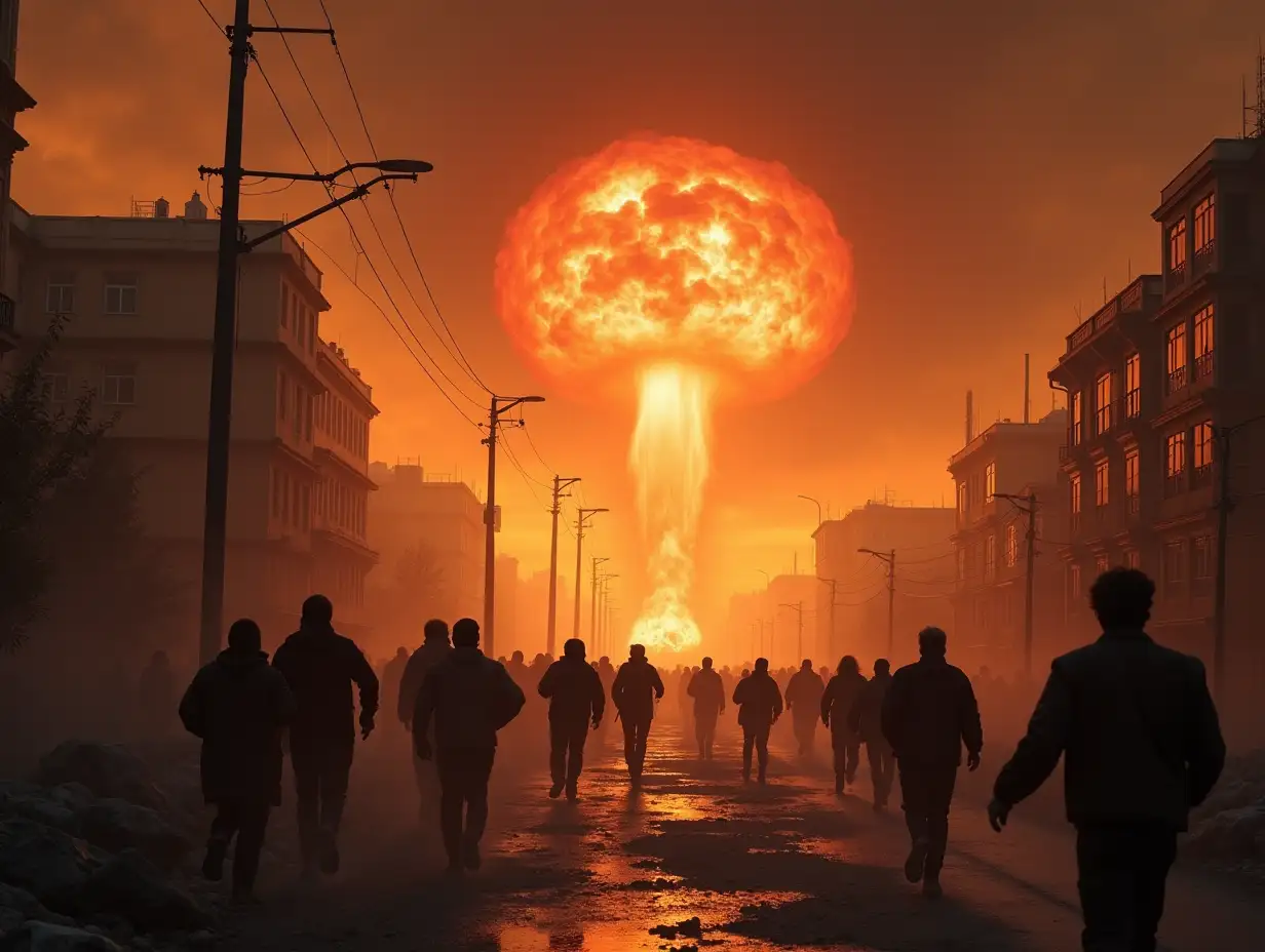 People are darting and running in panic amidst a destroyed and burning city. In the background, there's a nuclear mushroom cloud.