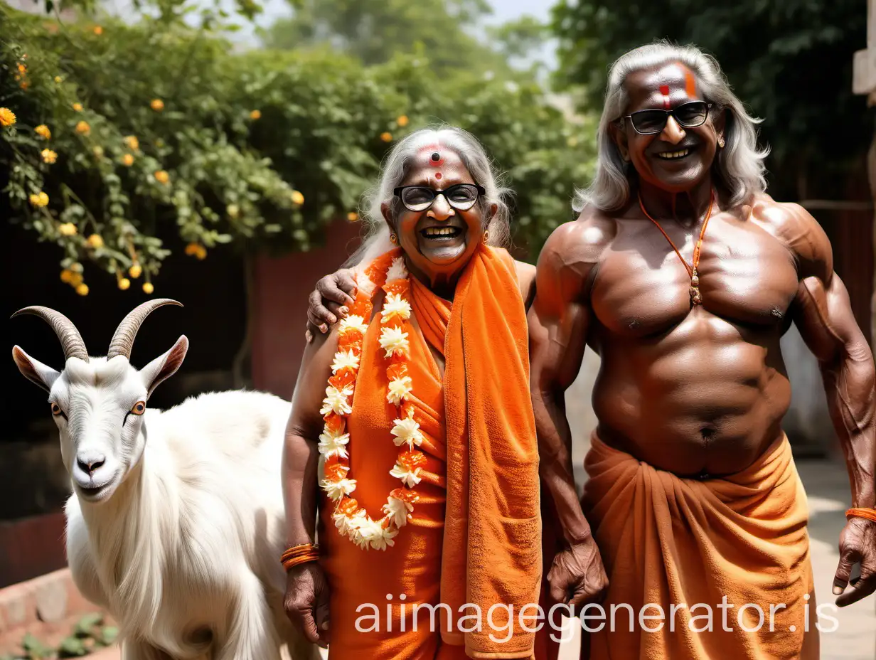 Elderly-Hindu-Monk-Woman-with-Bodybuilder-and-Goat-in-Sunny-Day