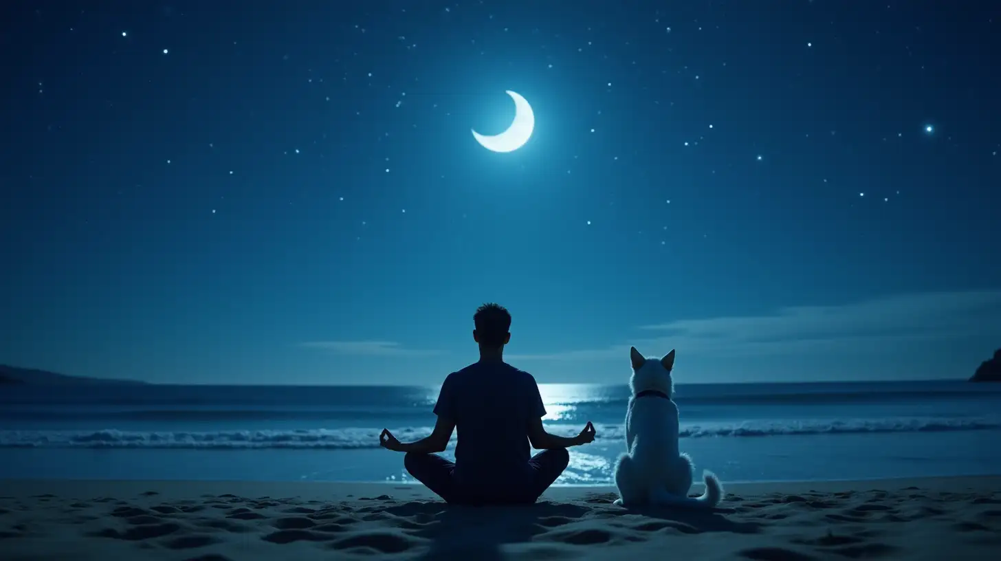 Man Meditating by Moonlit Seashore with White Dog