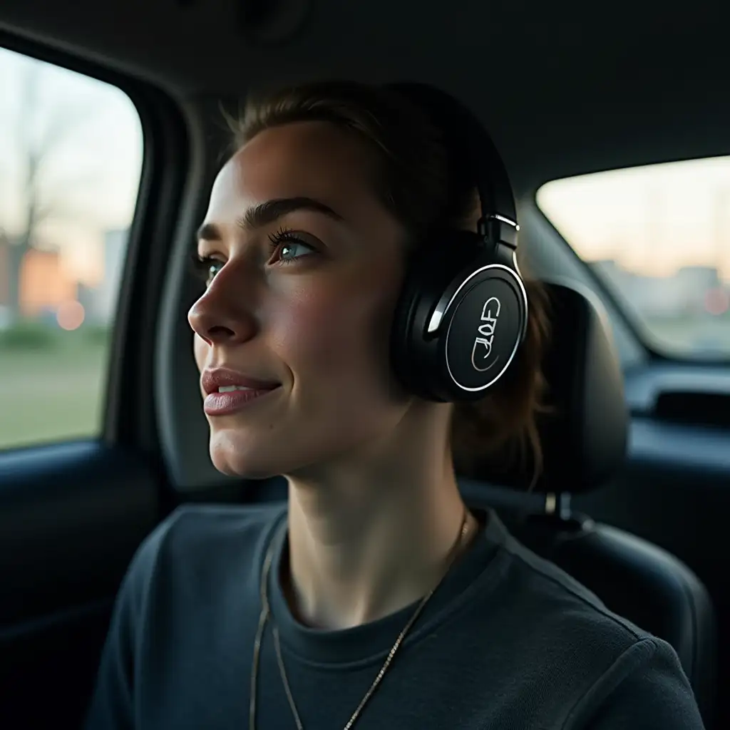 A person, listening to music on headphones in a car on the back seat.