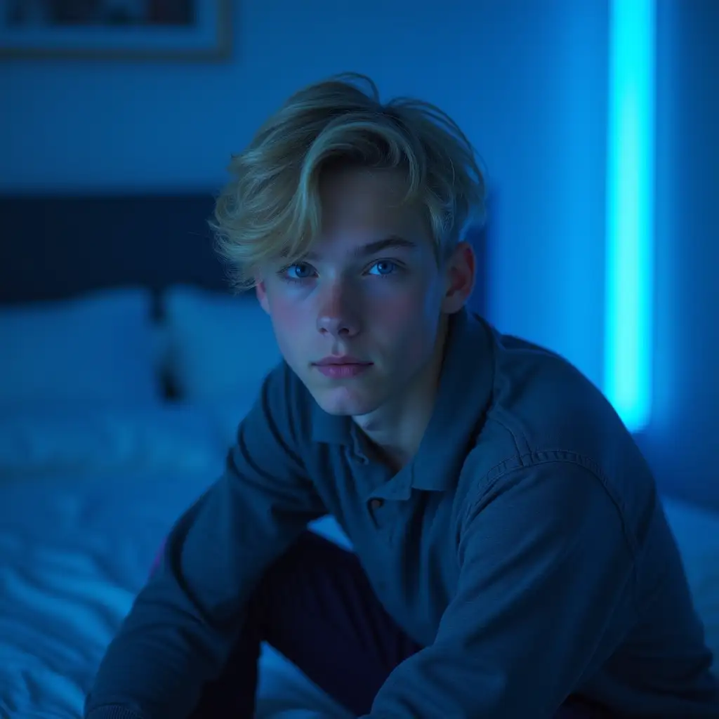 Teenage-Boy-with-Blond-Hair-and-Blue-Eyes-Sitting-on-Bed-in-Neon-Light