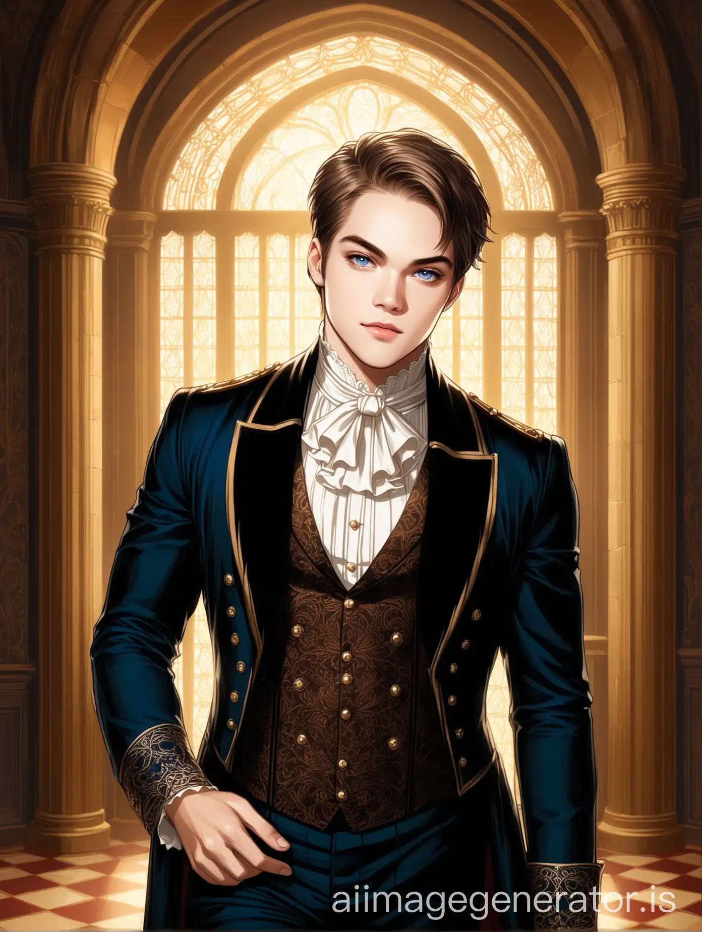 neo-baroque mixed with victorian era style painting, ((actor Dylan Sprayberry, age 25)), ((symmetric eyes)), ((averagely fit male physique)), handsome yet a bit aloof demeanor, ((proud facial expression)), male vampire noble, around visibly 28 years of age while being much older in the context of being a vampire, ((perfect eyes, vibrant eyes, symmetric eyes)), ((averagely fit male physique)), handsome yet a bit aloof demeanor, ((proud facial expression)), a bit fierce looking with his dark blue and grey mixed colored eyes, rather short and neatly presented hairstyle, male prince of a noble european vampiric kingdom, east-european high concept interior design, time of day must be visibly the early night evening hours with moonlight entering through the windows of the castle, absolute congruence in scenario at a castle's ballroom in relation to light source in form of 1 candelabrum in the ballroom, lush furniture fitting a fantastical castle, sensual outfit that combines male wardrobe as royal garment and neo-gothic inspired fashion elements, 4K, clear pixels, golden ratio, detailed skin texture, accurate anatomic proportions, accurate sense of distances and his position inside the room, volumetric shadow, digitally painted with cinematic depth and clean lines, golden ratio, sharp focus, (rich and detailed background in accurate aspect and size ratio compared to his body's size:1.4), (utmost important: medium full-shot)