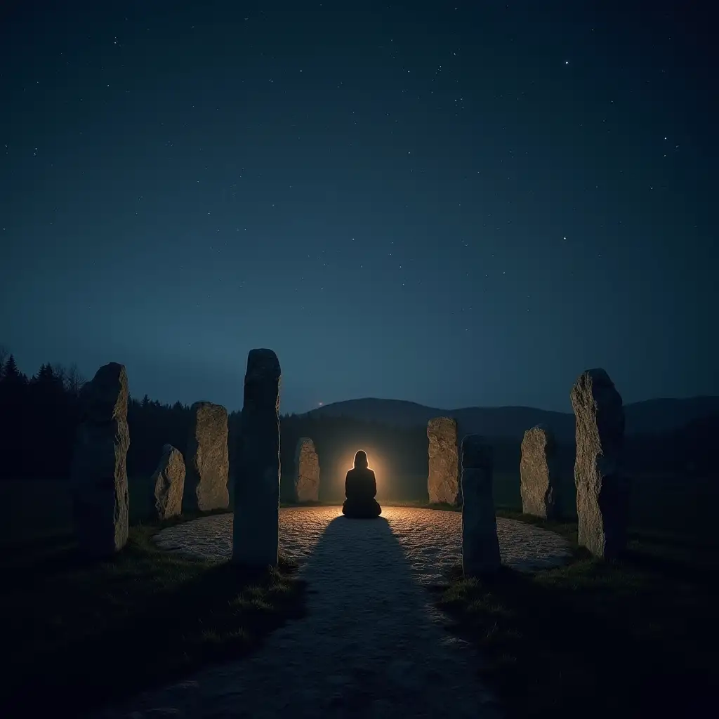 Inside a stone circle at dusk, stars beginning to show. A sense of sacred quiet. A single figure in stillness, sitting or meditating. The stones feel sentient. Glowing runes or light language faintly present.