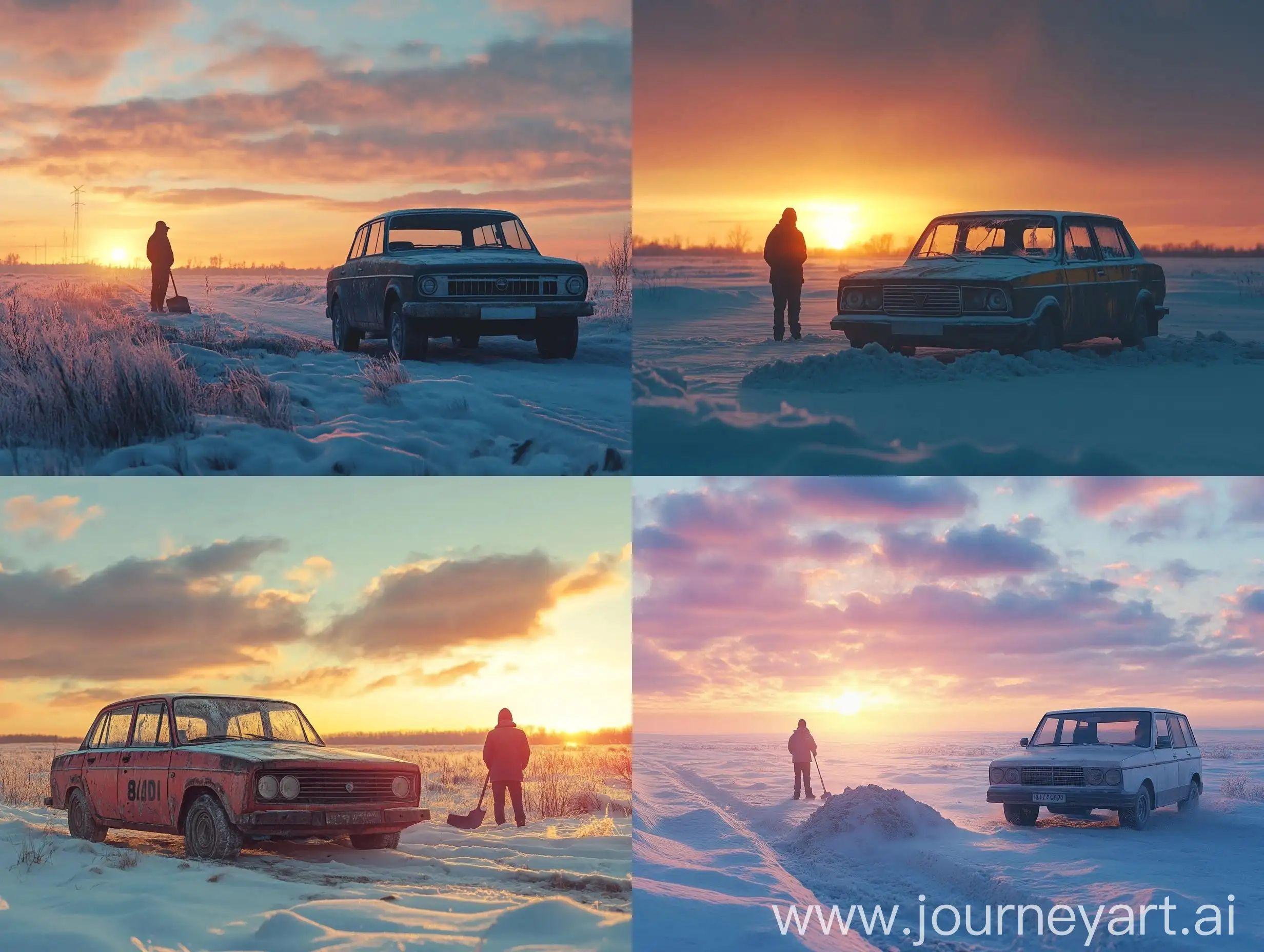 Winter-Sunset-Scene-with-Person-Shoveling-Snow-from-Lada-Car