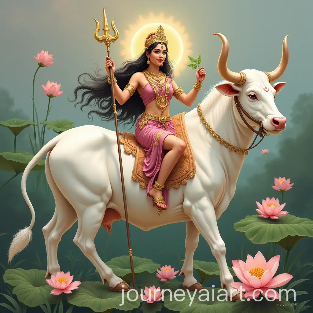 Majestic-Goddess-Brahmacharini-with-White-Bull-Trident-and-Lotus-in-Divine-Setting