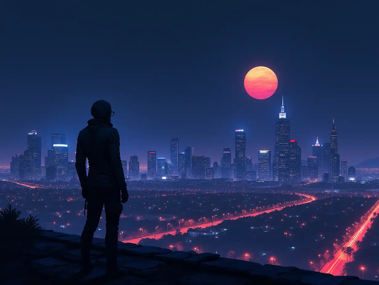 Illustration of Runner from the Android universe in the style of Android Netrunner looking at the night horizon in the city of New Angeles, cyberpunk