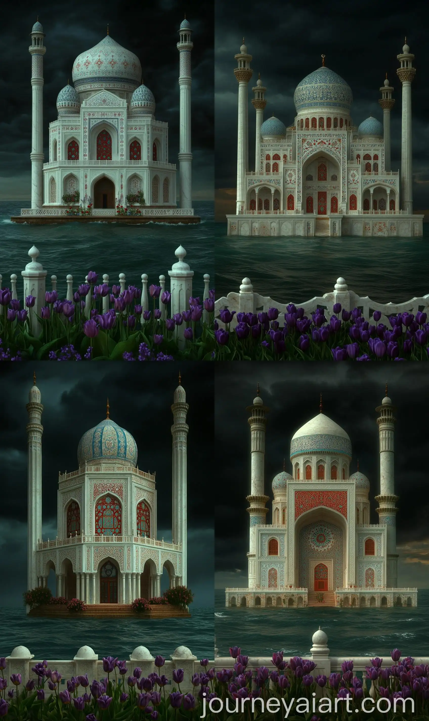 Front-View-of-Uzbekistan-Mughal-Mosque-Surrounded-by-Endless-Ocean