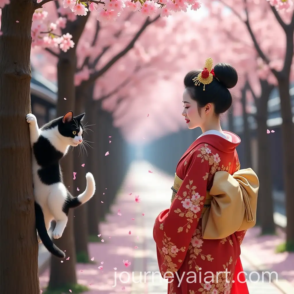 Maiko-and-Playful-Bicolor-Cat-Under-Cherry-Blossoms-in-Kyoto