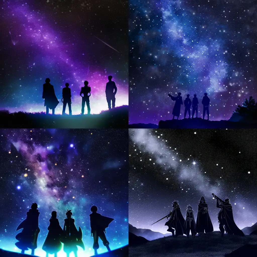 Dark-Fantasy-Group-Portrait-with-Mystic-Outfits-and-Starry-Sky-Background
