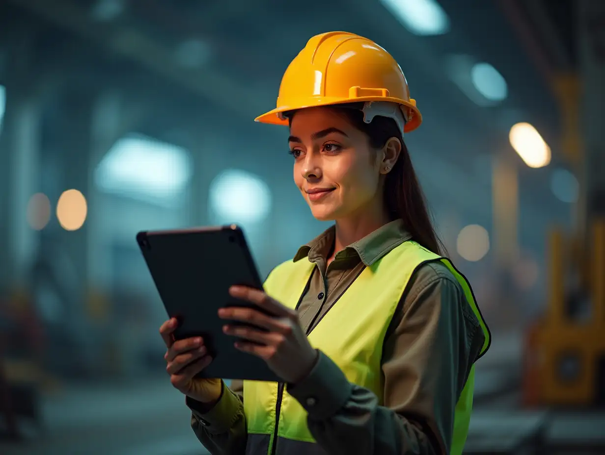 Empowered woman in safety gear holding tablet, reflecting on industrial advancements. Her confident expression highlights importance of technology in manufacturing. Canon EOS 5D Mark IV and a 35mm prime lens,cinematic photo, .35mm photograph, film, bokeh, professional photo, 4k, highly detailed, commercial photo