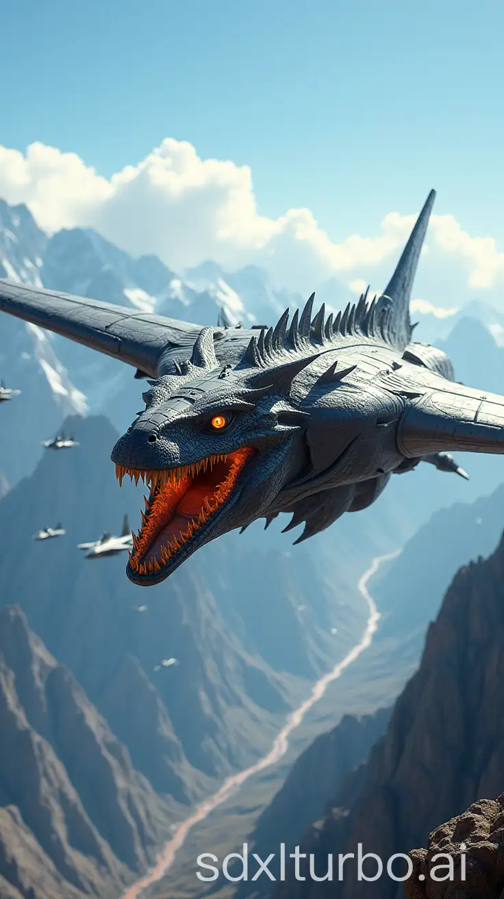 Futuristic-Warplane-Resembling-Smaug-Soaring-Over-Mountain-Range