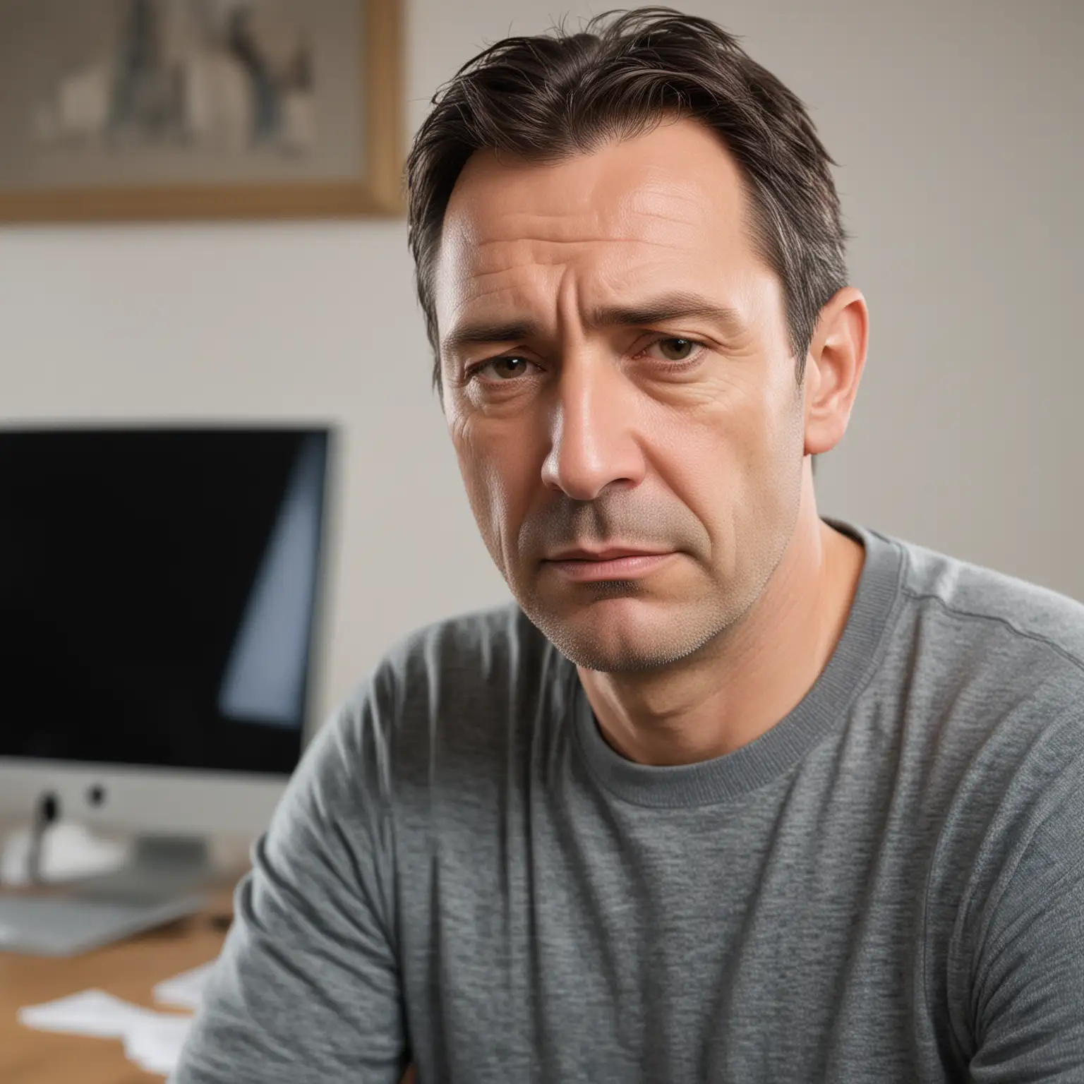 Middleaged Man Looking Reflective in Home Office Setting