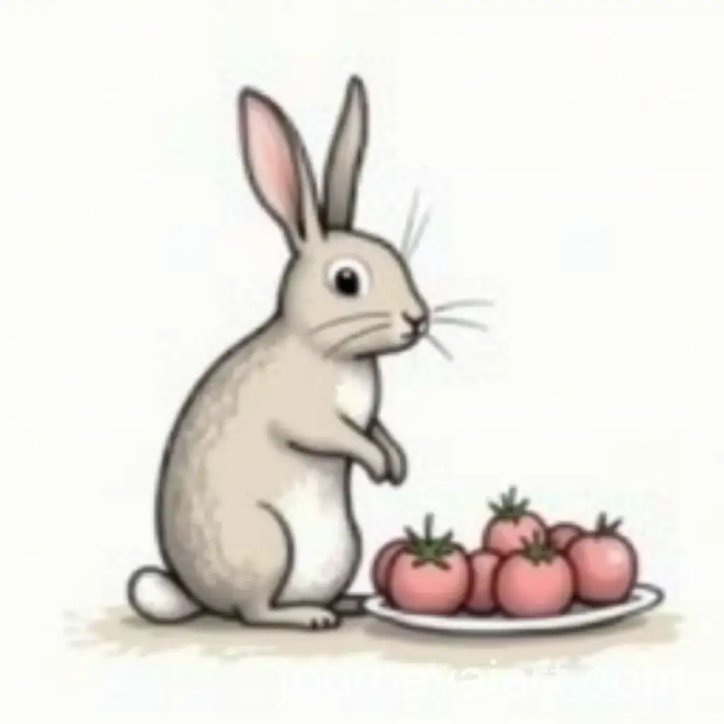 Sketch-of-Rabbit-Sitting-in-Front-of-Plate-of-Fruits