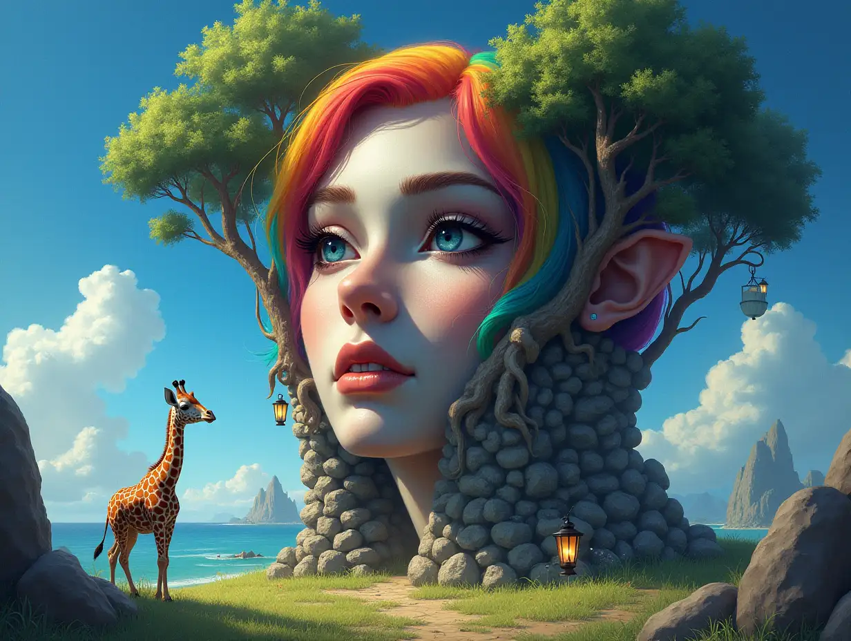 Creating a digital painting transforms a face with rainbow hair into a building with stones and trees with roots and rocks and lanterns by the sea, strange creatures – Giraffe in a meadow with rainbow-blue sky