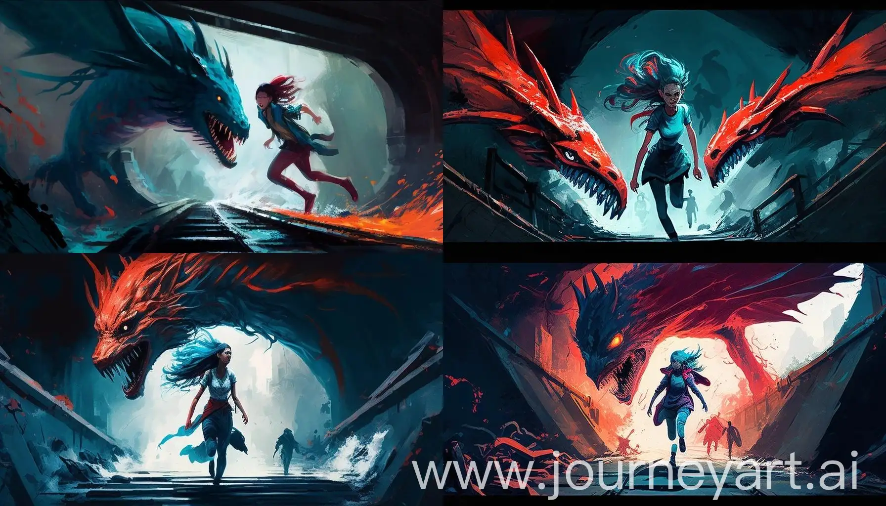 Girl-with-Blue-Hair-Evading-Dragon-Attack-Under-Bridge