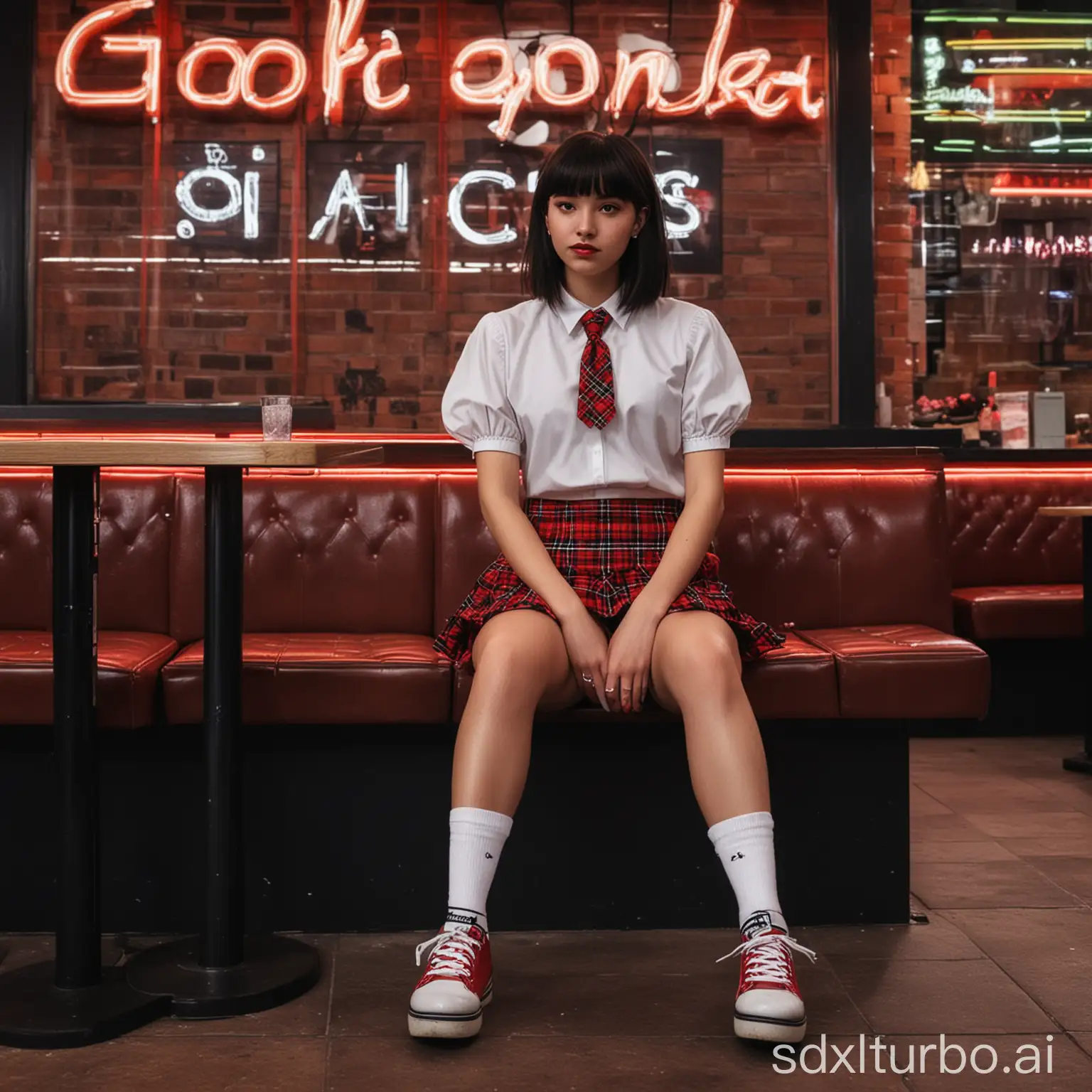 Girl-in-Retro-Outfit-Sitting-in-Neonlit-Restaurant