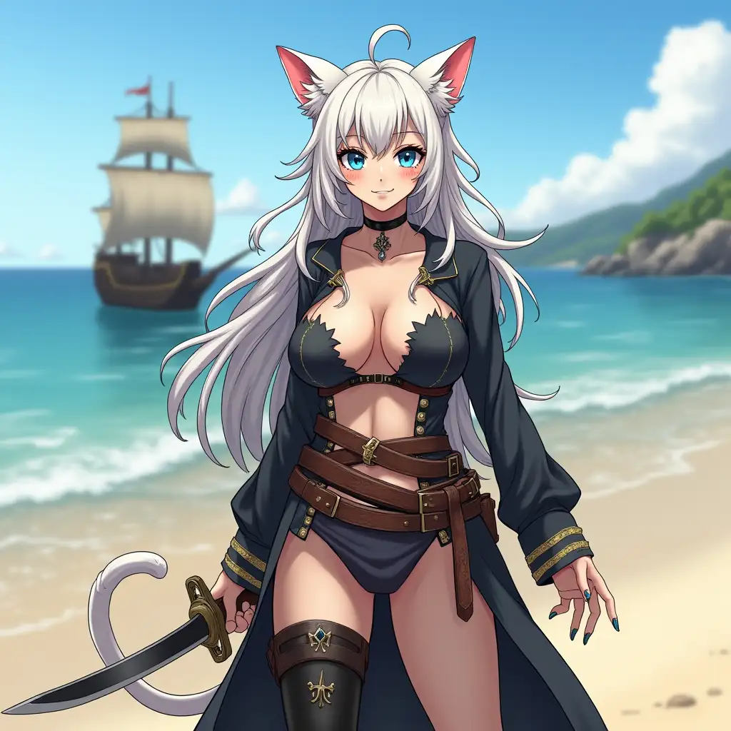 A mature adult tall feline/woman dressed as a pirate with a sword on a beach. A pirate ship in the background. Her 30-something years are disguised by her youthful facial features, except for her subtle wrinkles around the eyes, extremely slender body. Her ample bosom strains against her clothing, threatening to burst free from the fabric, extreme cleavage. Midriff. Wearing black thigh high pirate boots. She has piercing blue cat eyes. A choker adorns her neck, a subtle hint at her feline nature. Her long, white hair cascades down her back like a wild waterfall, tangled and disheveled. Her cat-like teeth glint in the light, as her white fur-lined ears punctuate her visage with sparkling black and gold earring adorns each ear, adding a touch of elegance to her feline features. Cat whiskers on her face. The attached tail at the base of her spine stirs lazily. Long fingernails. Full body view. Anime.