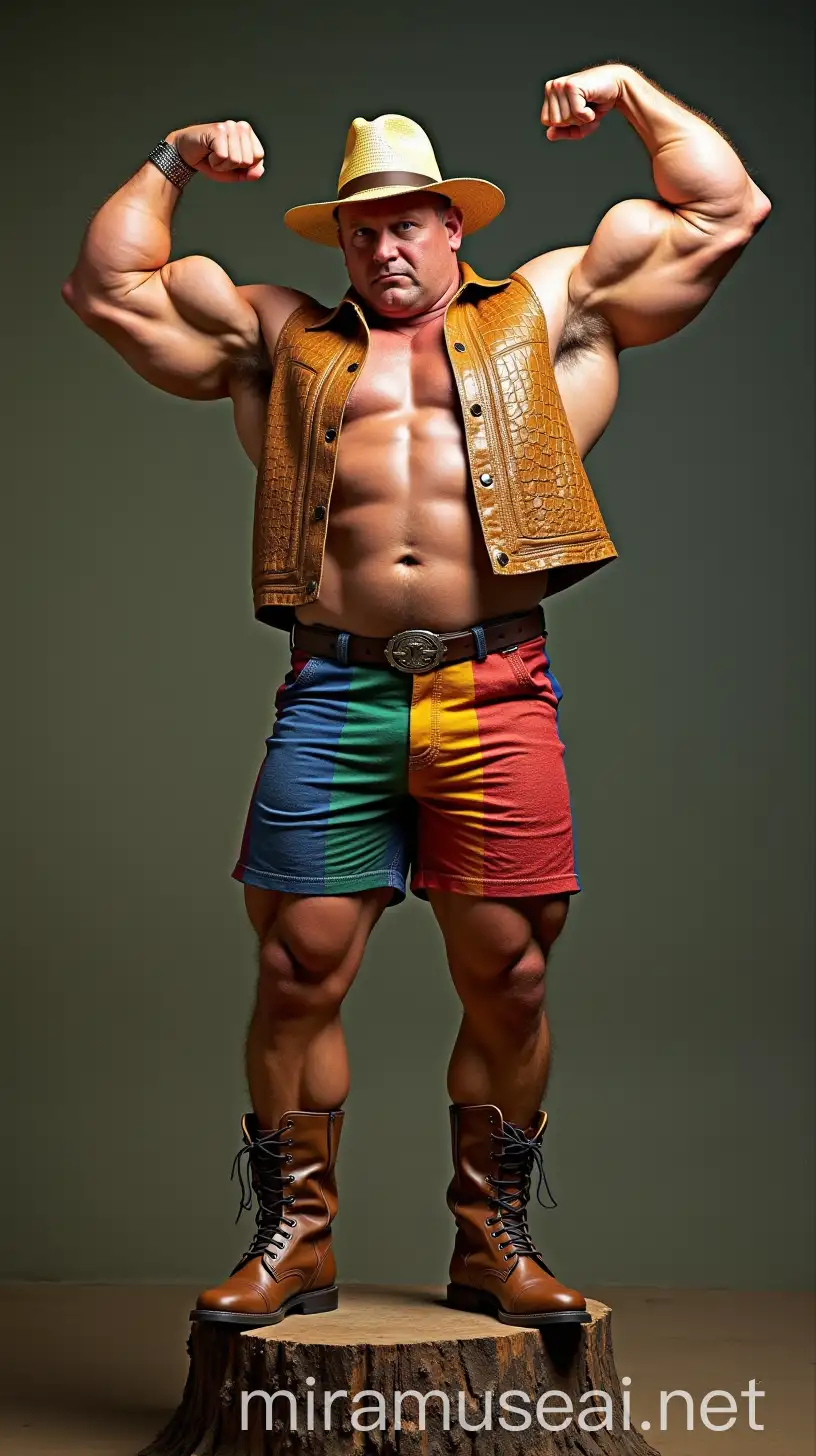 Muscular Bodybuilder Daddy Flexing on Stump in Colorful Leather Outfit