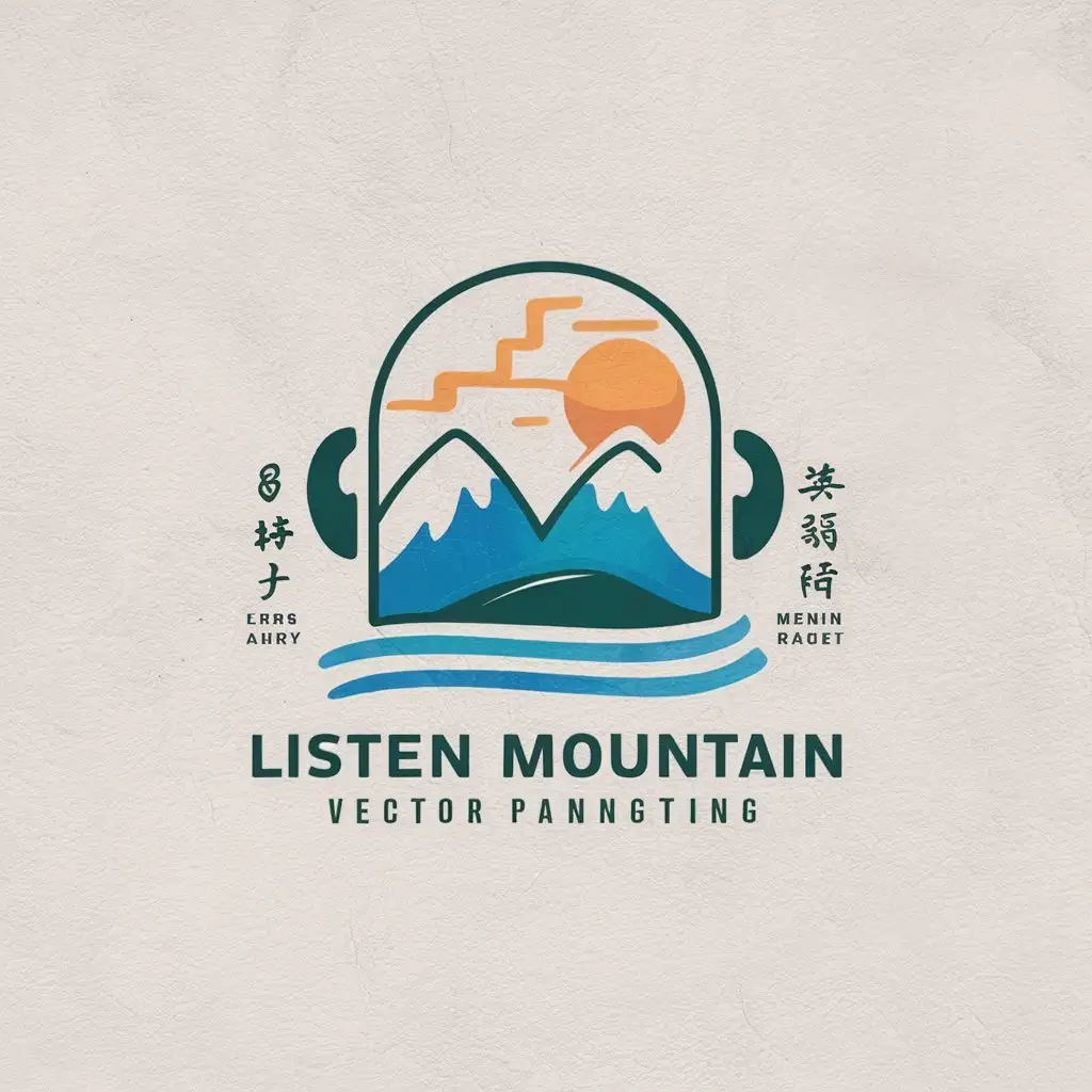 a vector logo design,with the text "listen mountain", main symbol:Ears, mountains, sun, Chinese painting style, mountain-water painting style,Moderate,clear background