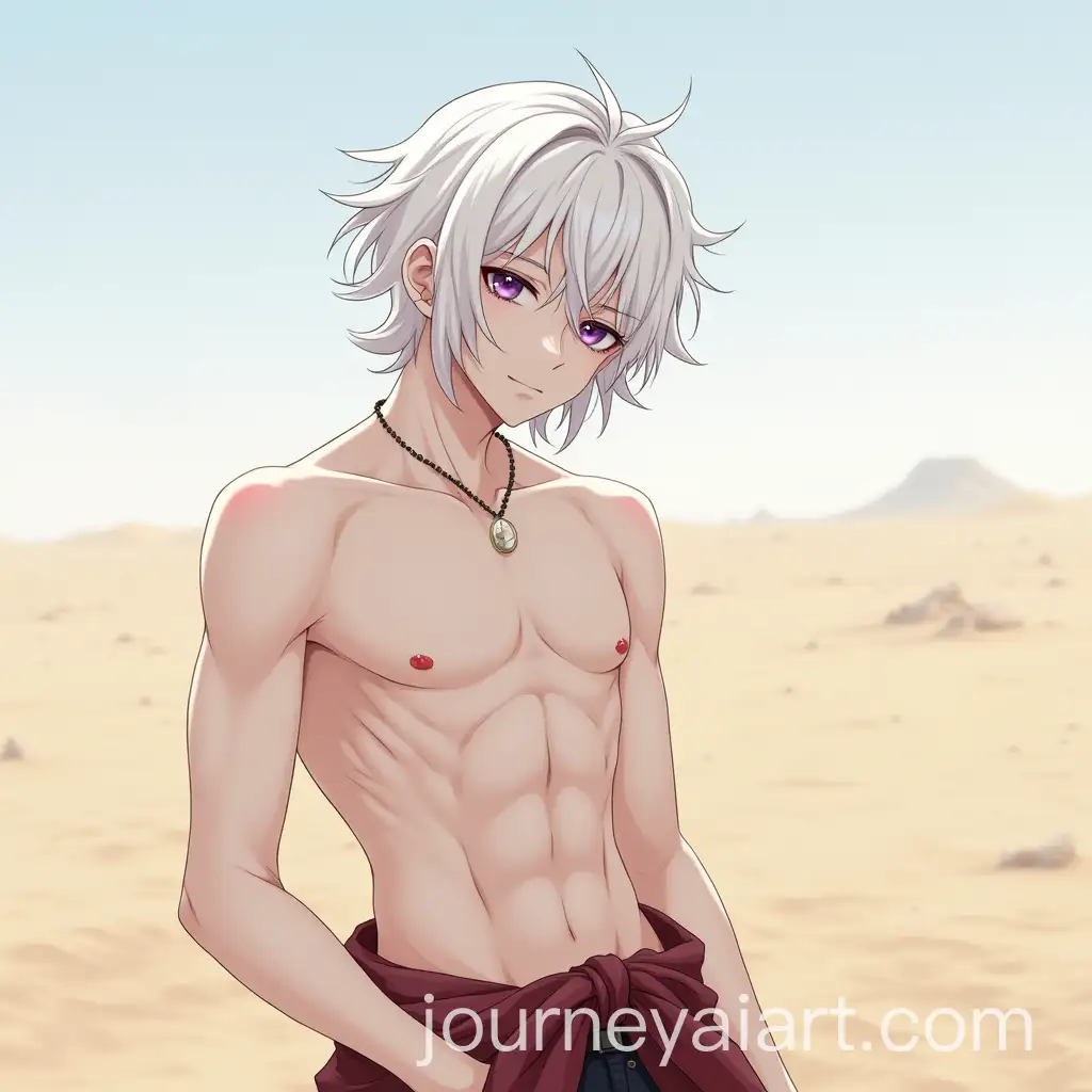 Anime-Male-Character-with-WhiteAI-Image-Prompt-Expansion-Hair-and-Purple-Eyes-in-a-Desert-Landscape