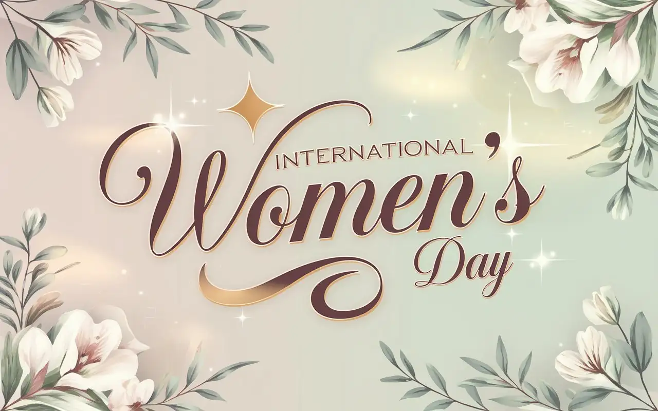 International Women's Day text in stylish cursive font with gold accents, placed on a soft pastel background decorated with delicate floral patterns, leaves, and subtle glowing light effects for a graceful and empowering design.