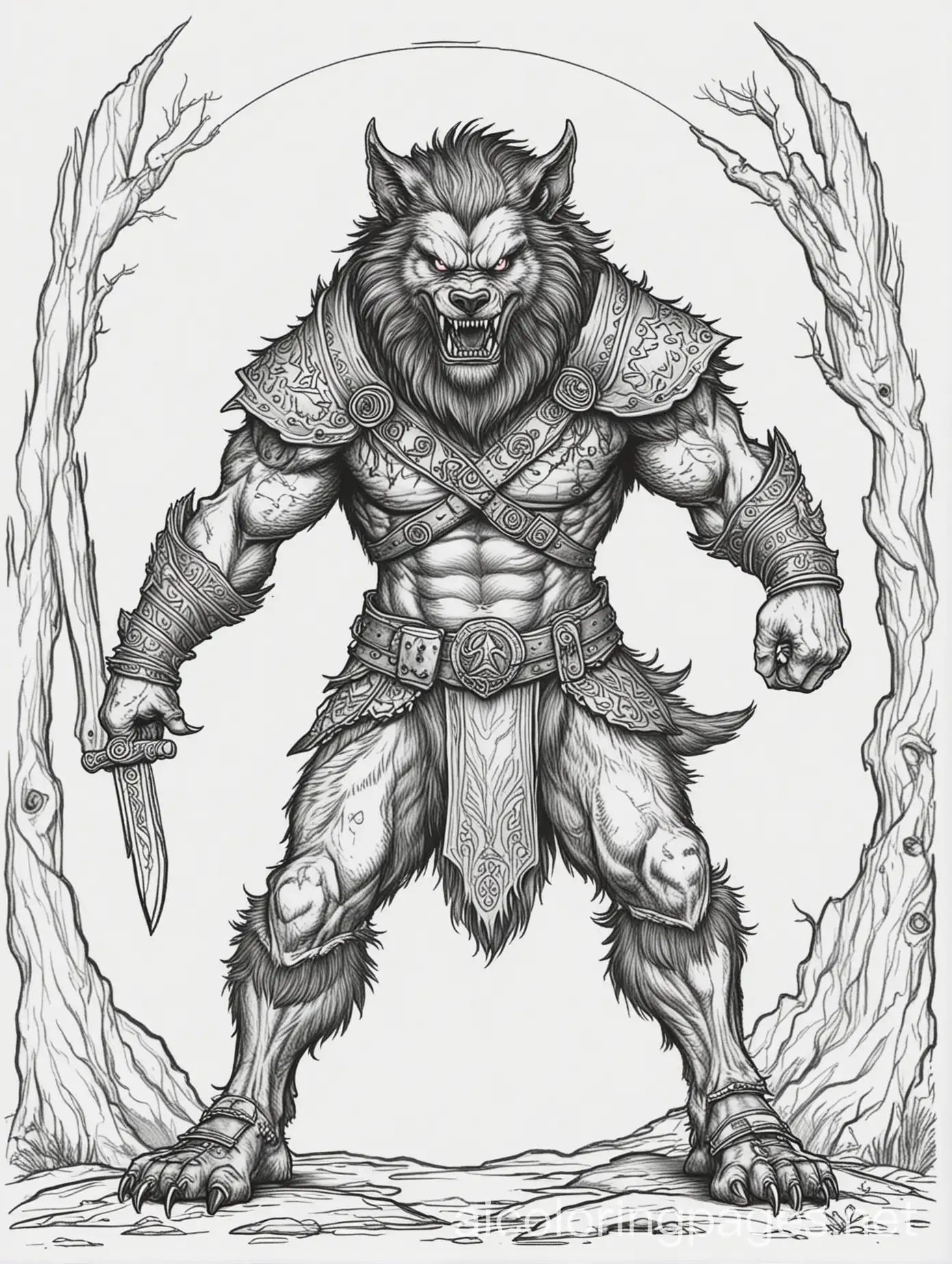 werewolf warriors, Coloring Page, black and white, line art, white background, Simplicity, Ample White Space. The background of the coloring page is plain white to make it easy for young children to color within the lines. The outlines of all the subjects are easy to distinguish, making it simple for kids to color without too much difficulty