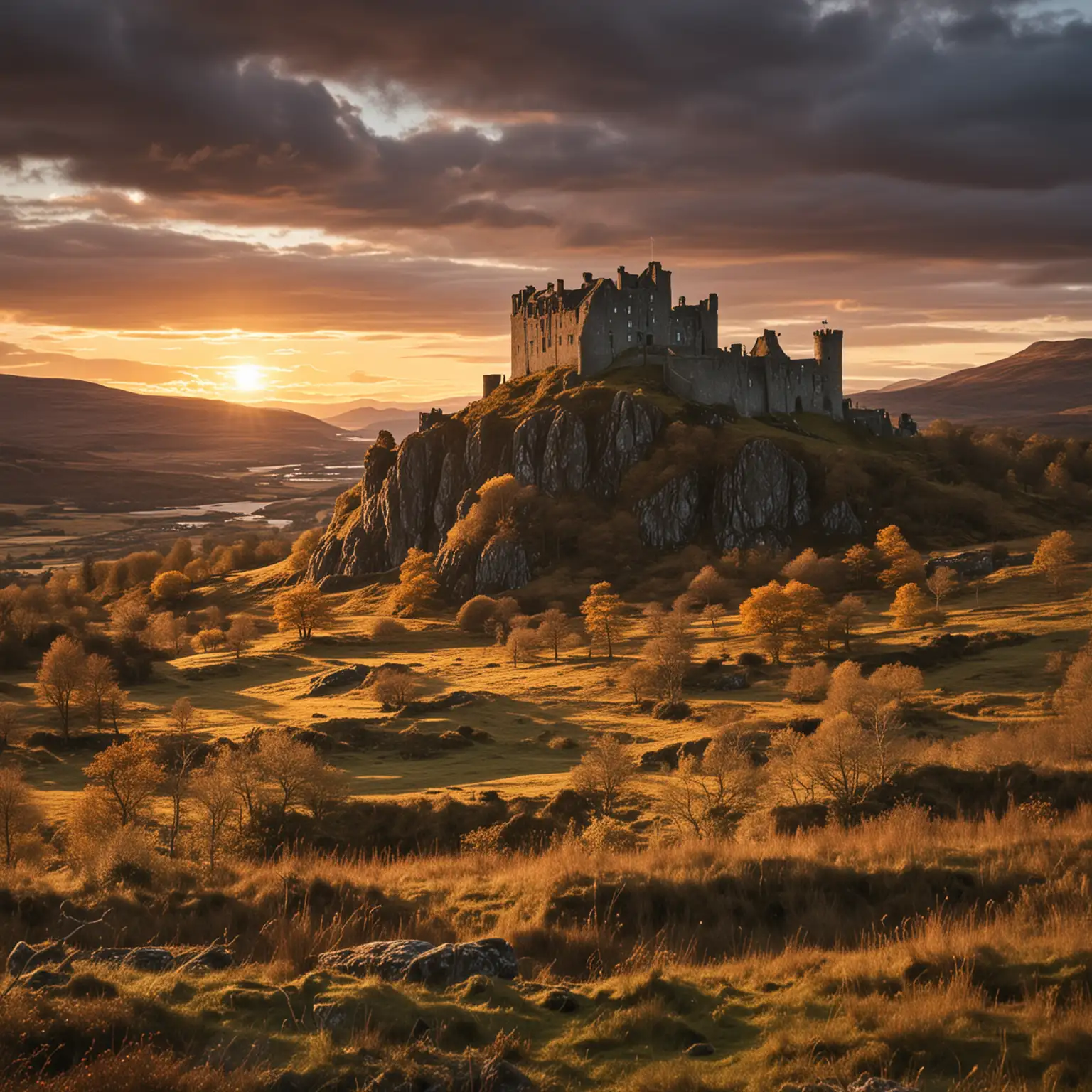 Sunset over Scottish Highlands with Castle and Woodlands