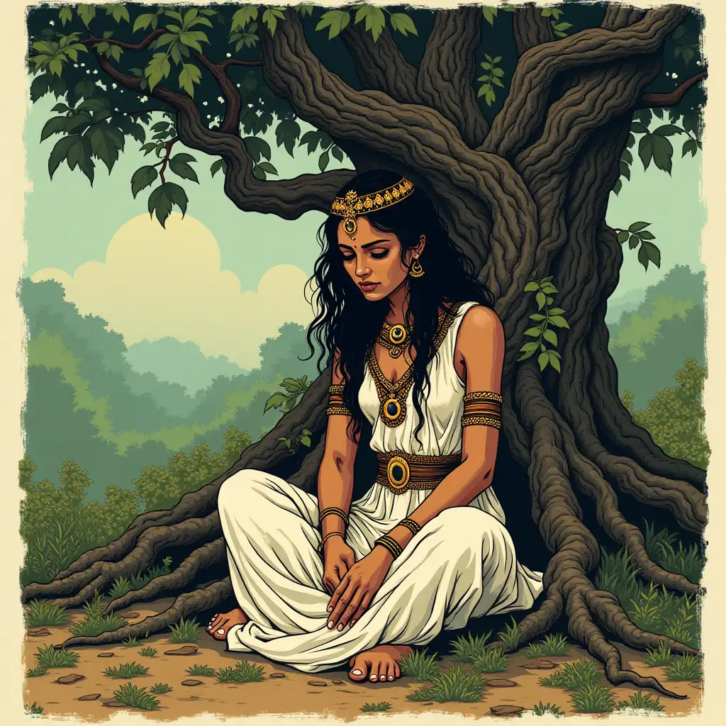 IN BLOCK PRINT STYLE,Lord Sita Devi, without a crown, vintage-style white garment, worn with age, with a sad expression, bows her head below, sitting under an ancient, gnarled tree with twisted roots, surrounded by lush greenery, amid the mystical  Lanka Kingdom.