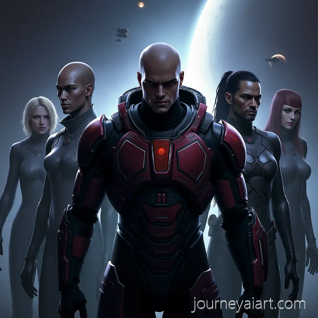 Epic-Mass-Effect-SciFi-Game-Cover-Featuring-Commander-Shepard-and-Squadmates-in-Space-Battle-Scene