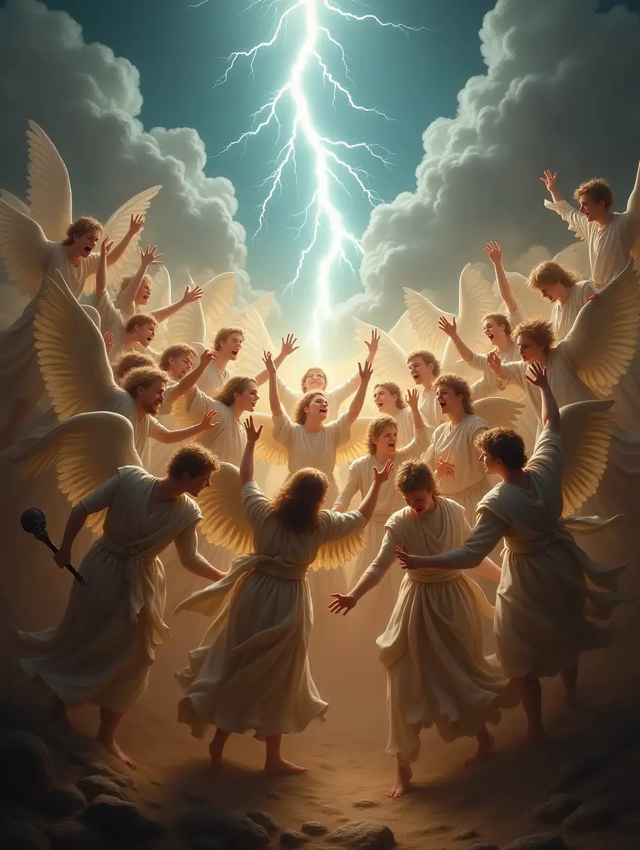 A choir of angels in a chaotic formation, with dramatic gestures and celestial weapons at the ready. In the background, lightning flashes across the sky, and the Earth seems to tremble as the angels argue among themselves, enveloped in an aura of divine fury.