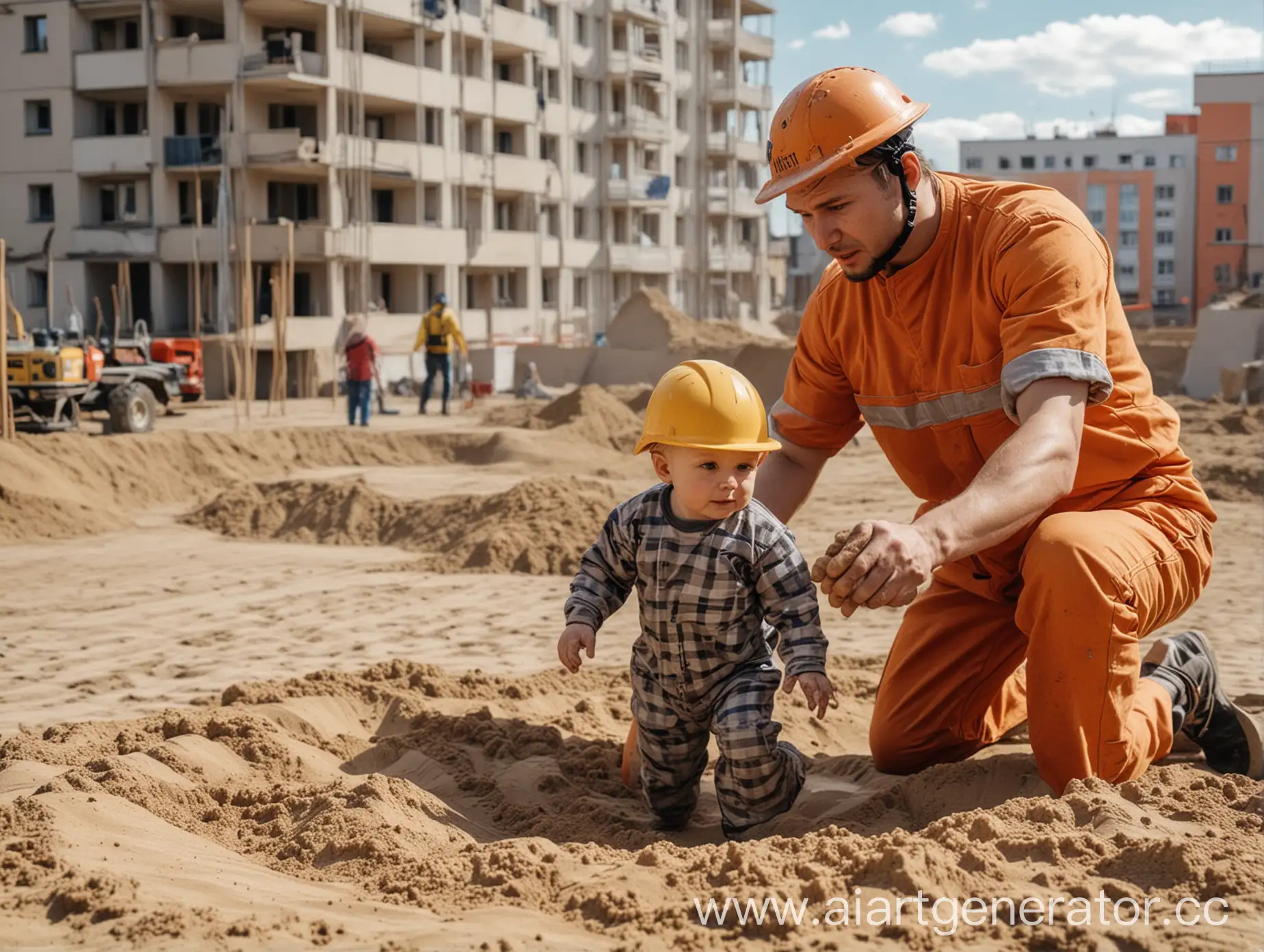 Slavic-Man-in-Helmet-and-Construction-Jumpsuit-Playing-with-Child-in-Sandbox