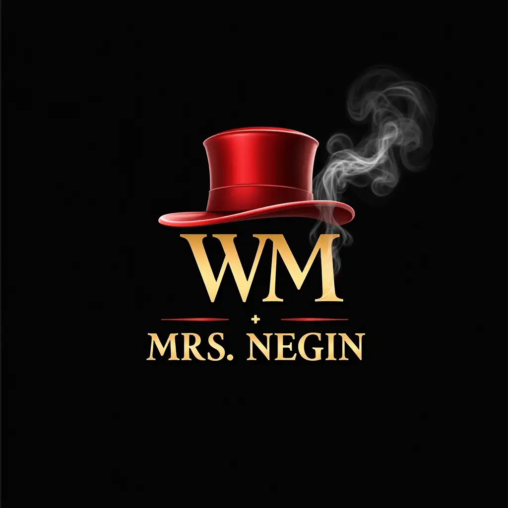 Creating a logo for Profit with WM and MRS.NEGIN with a black and white background with smoke on WM, a big red hat and next to MRS.NEGIN, the color of the name should be gold with a beautiful font