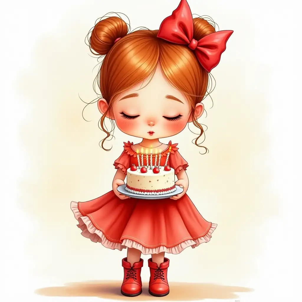 Cartoon photorealistic airy realistic watercolor, photorealism, wide strokes, tender funny girl in full growth, European appearance DreamWorks, reddish curls gathered in careless buns, drawing of eyelashes, closed eyes, rosy plump cheeks, freckles, Funny blowing on candles with large plump lips. She has a big red bow on her head, is dressed in a red fluffy airy dress with sequins, and has boots on her feet. She holds a beautiful cream cake with 7 candles on a plate, watercolor, ink drawing, beautiful, 4k, high detail